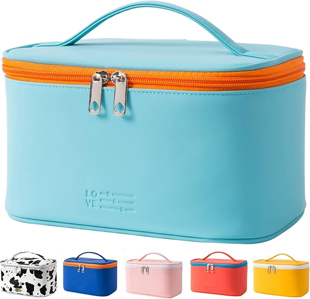 Makeup Bag Portable Travel Cosmetic Bag for Women, Beauty Zipper Makeup Organizer Bag with Inner Pouch PU Leather Washable Waterproof (Light Blue)