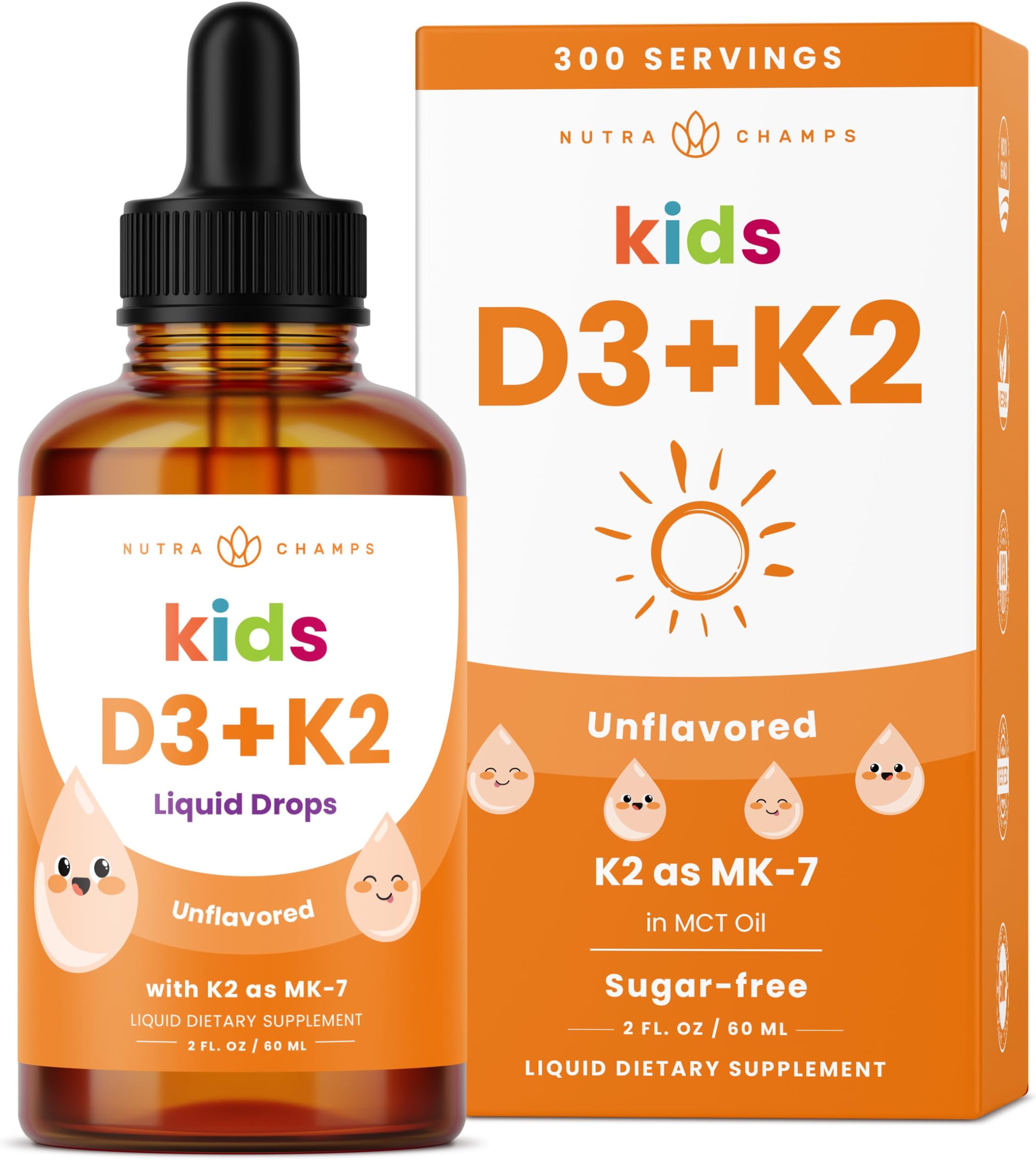 NutraChamps Kids Vitamin D 3 K2 Drops, Vitamin D3 & K2 MK-7, Liquid Vitamin D for Kids 1000 IU, Healthy Bones, Heart & Immune System, Sugar Free Supplement for Toddlers, 300 Servings