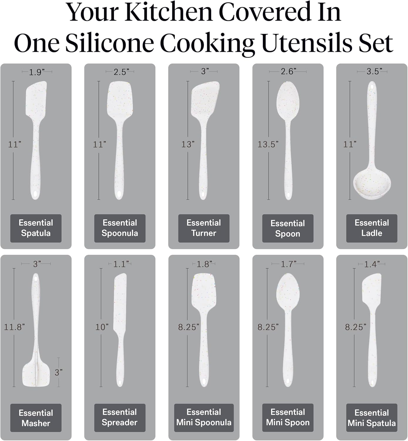 GIR: Get It Right 10-Piece Silicone Essentials Kitchen utensils set - Ladle, Spatula, Flip, Spoon & Spoonula - Non toxic cooking utensils for Nonstick Cookware, Cooking and Baking - Confetti