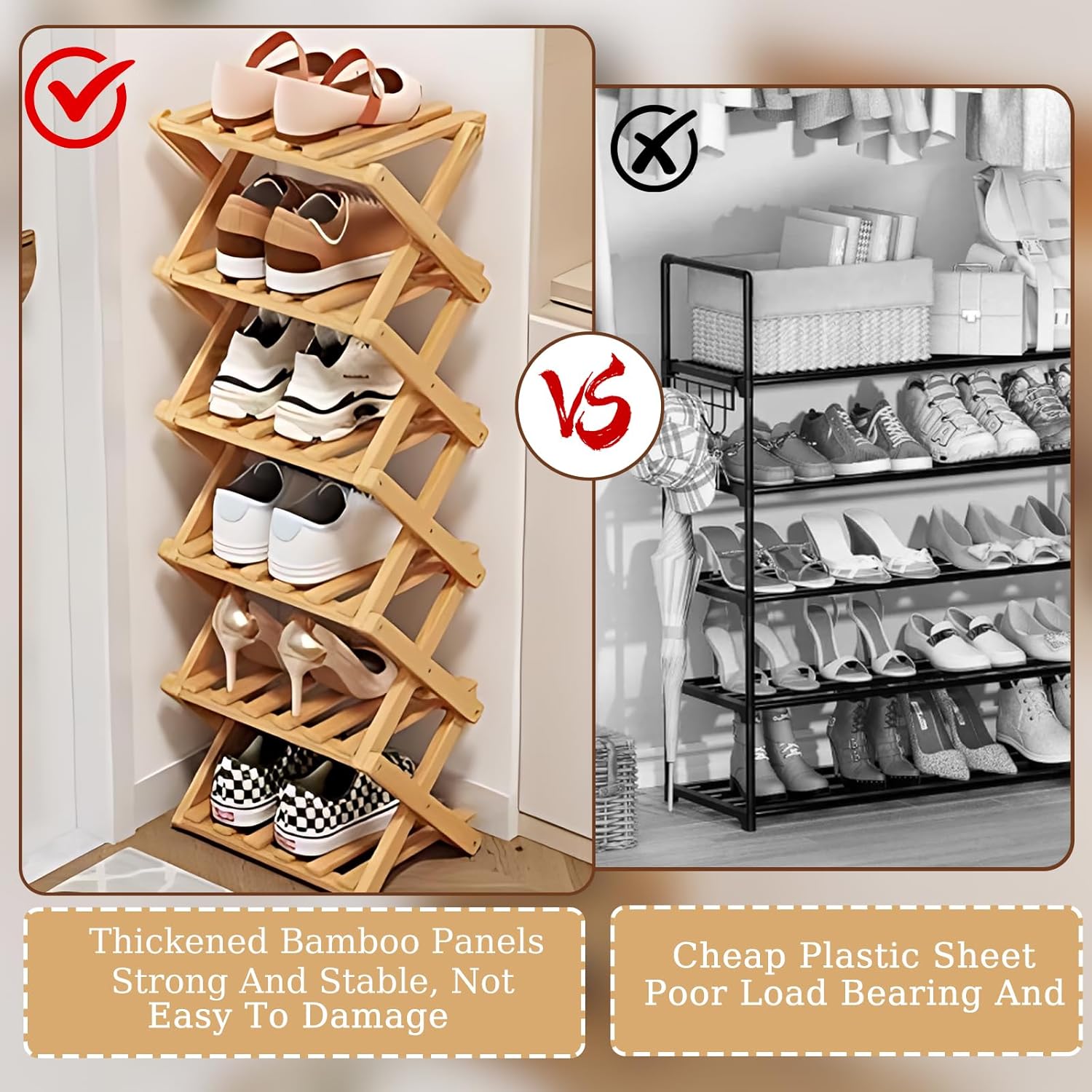8 Tier Natural Bamboo Shoe Rack,Foldable Space Saving Shoe Storage Organizer,Easy Assembly & Strong Design Shoes Stand Shelf Organiser for Closet (Primary Color, Eight Layers)