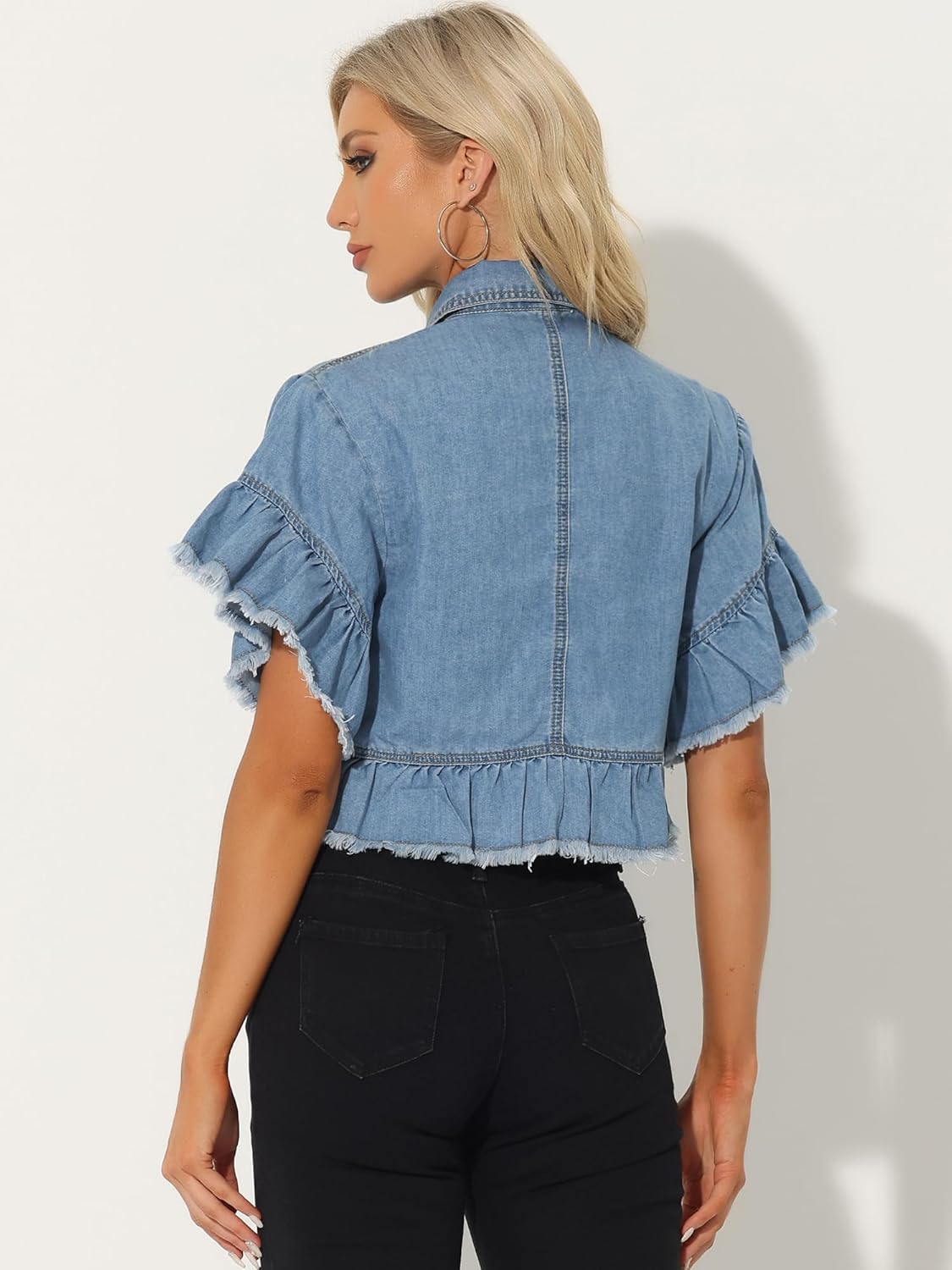 Allegra K Denim Jacket for Women's Button Down Ruffled Short Sleeve Lightweight Peplum Hem Jean Jacket - Image 3