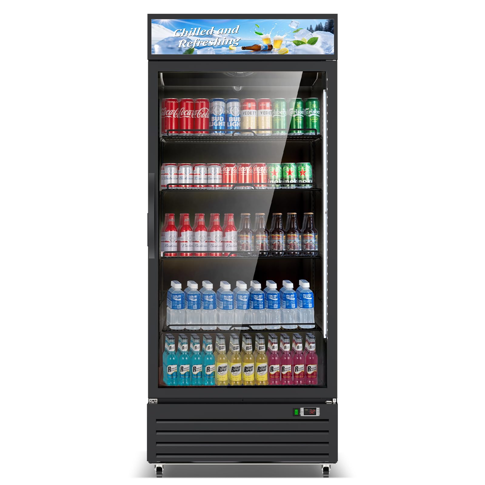 Commercial Beverage Refrigerator with Glass Door, 21.2 Cu.Ft Display Fridge Beverage Cooler with Customizable Lightbox Adjustable Shelves, Drink Fridge Merchandiser for Restaurant Shop, Black