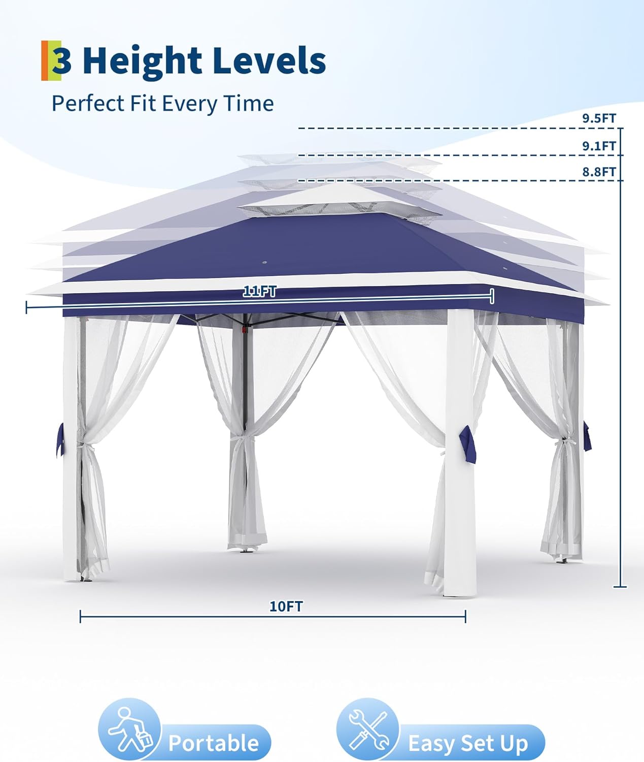 Garvee 11x11FT Pop Up Gazebo with Mosquito Netting, Outdoor Canopy Tent Easy Setup for Backyard Patio Garden Deck, Navy