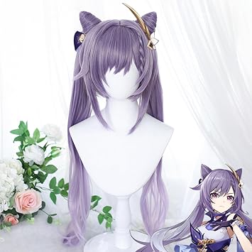 Keqing Cosplay Wig Long Purple Gradient Wig with 2 Horns Ponytail Harajin Impact Game Role Playing Halloween Party Costume Wig+Wig Cap