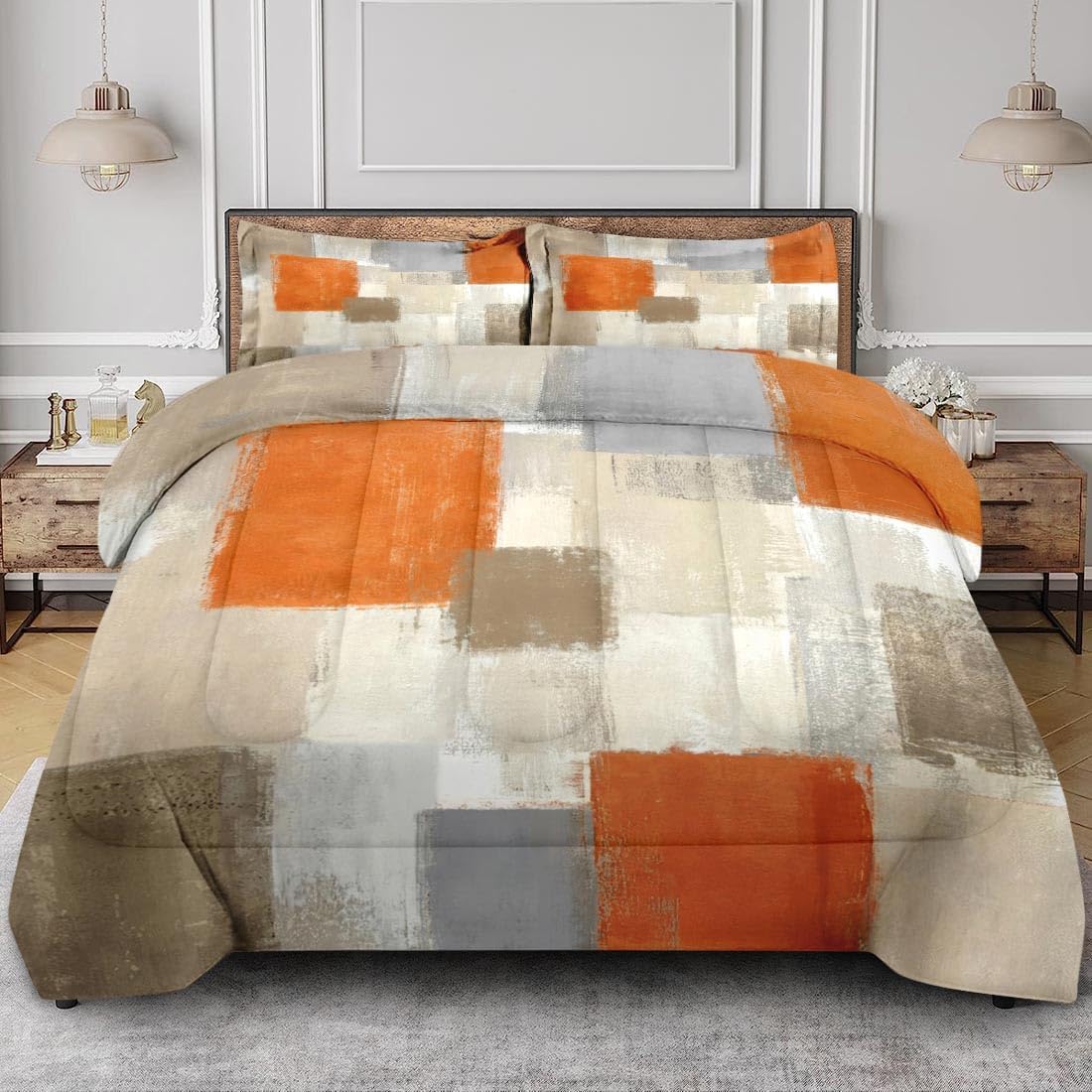 Beige Grey Abstract Painting Comforter Set Queen Size Bedding Set Orange Gray Contemporary Includes Comforter & Pillowcase Bedding for All Seasons Kids and Adults Bedroom Bed Decor