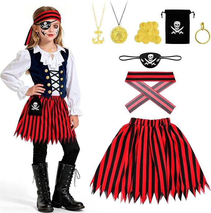 Pack pirata infantil con falda de rayas