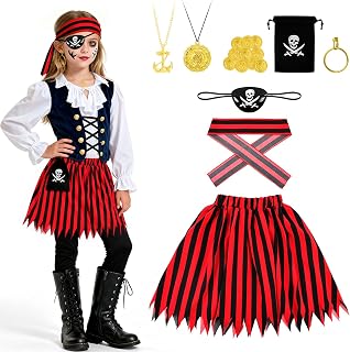 AOOWU Pirate Costume for Children, 8-Piece Pirate Costume with Pirate Skirt, Necklace, Eye Patch, Headband, Pirate Cards, Earrings, Purse, Gold Coins, Pirate Costume for Carnival, Halloween, Cosplay 8 Piece Set - Girls - Size 120