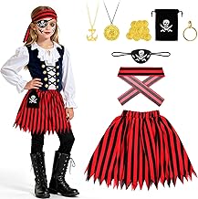 Children's Pirate Costume, 8 Pieces Girl Costume Kit Skirt with Bandana, Eye Bandage, Necklace Earrings, Pirate Cosplay Set for Boys for Carnival Halloween Cosplay