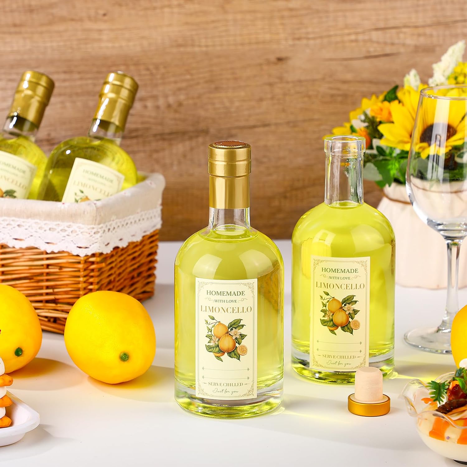 Funnymoom 6 Set 12.7 oz Limoncello Glass Bottles Gift with Airtight Lid Cap Homemade Limoncello Bottles with Labels Cork Stopper for Home Brewing Beer Beverages Liqueur Wedding Baby Shower