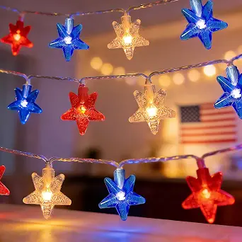 Red White Blue Patriotic String Lights 20FT 40 LED Star Fairy Lights USB and Battery Operated