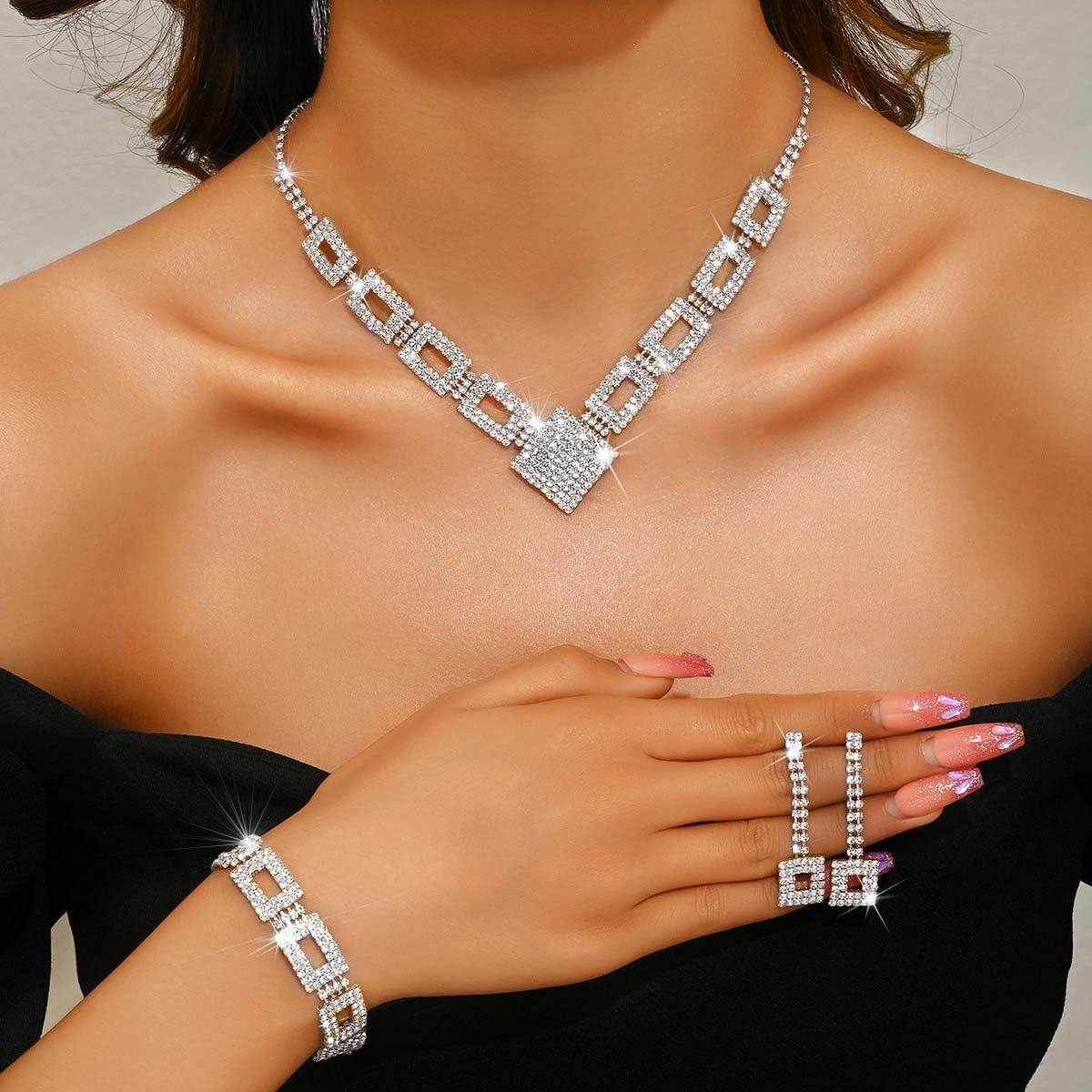 Nicute Rhinestone Bride Wedding Jewelry Set Bridal Necklace Bracelet Earrings Set Prom Costume Jewelry for Women - Image 4