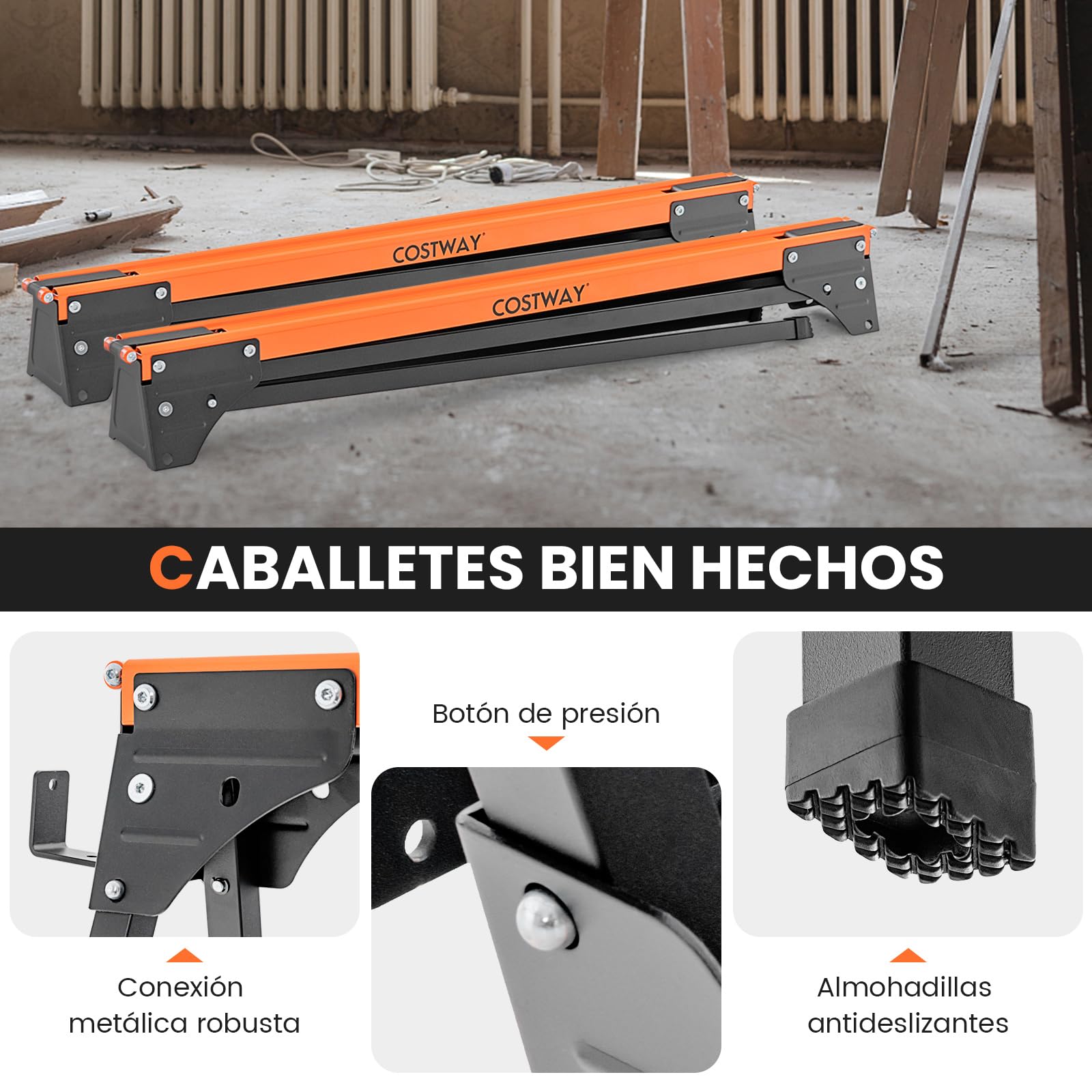 COSTWAY 2 Caballetes de Sierra de Metal, Carga Máxima de 500 Kg, Patas de Apertura Rápida y 2 x 4 Brazos de Soporte, Paquete Doble de Caballete Portátil para Carpintería (96,5 x 47 x 76 cm)
