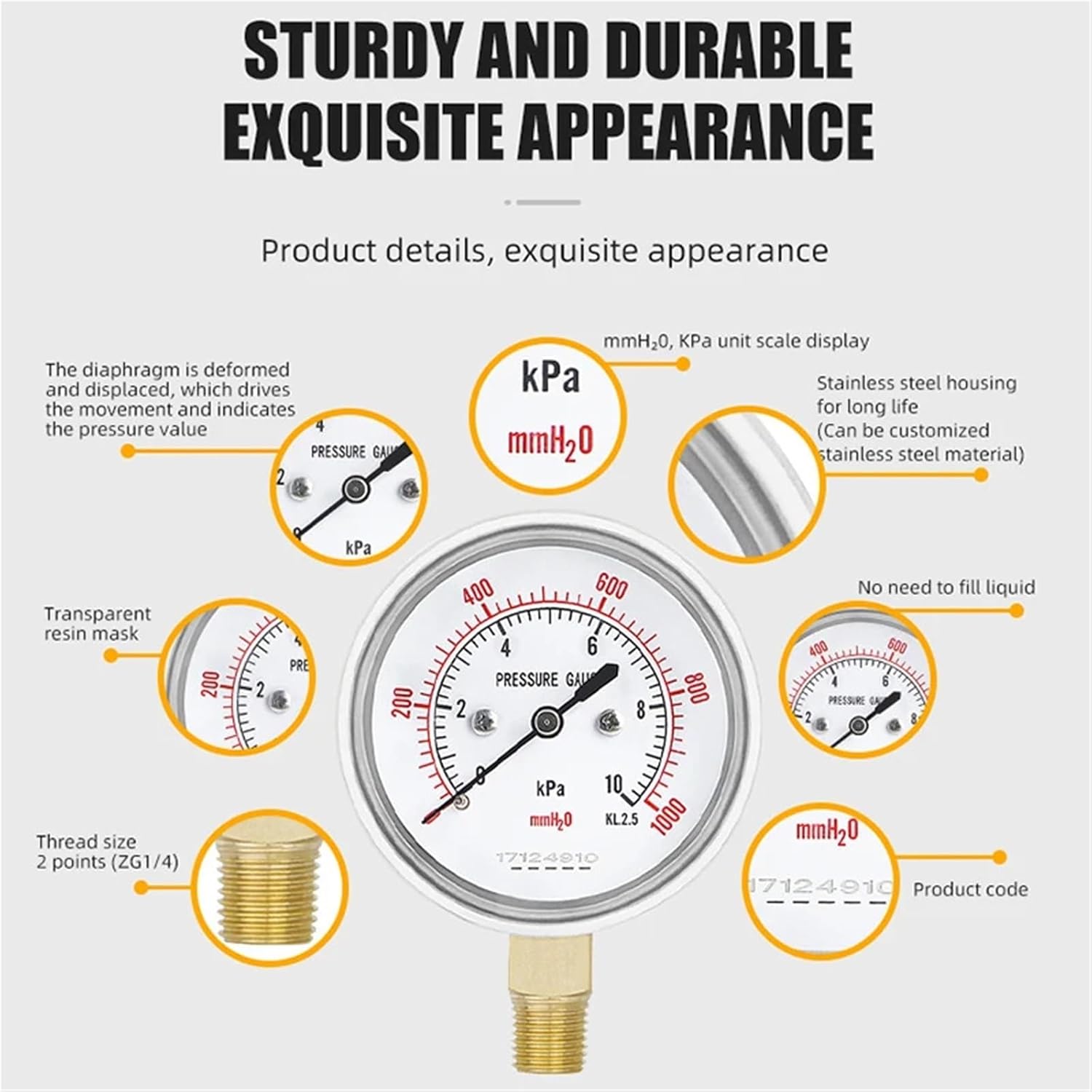 Mirco Low Diaphram Pressure Gauge Manometer 2.5" 4 5 6 7 10 15 20kpa/mmH2o Bottom for Natural Gas Industry(M14-1.5,0-6kpa)