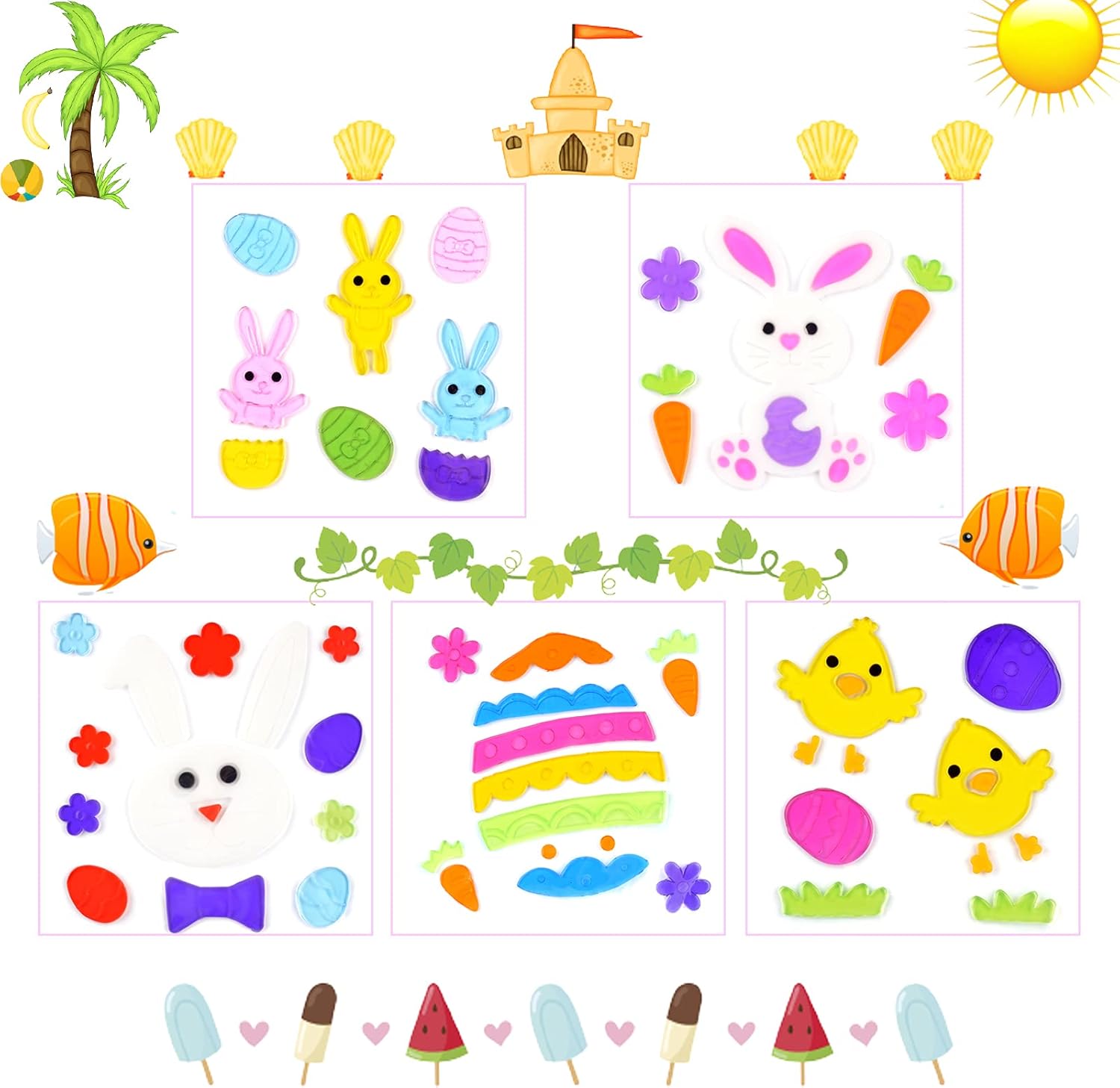 Summer Decor Gel Window Clings for Glass Windows,Jelly Car Window Decal Sticker for Kids,Window Stickers for Refrigerators and Bedroom,Home Office School Hawaiian Party Decorations for Children Gifts-5 Sheets