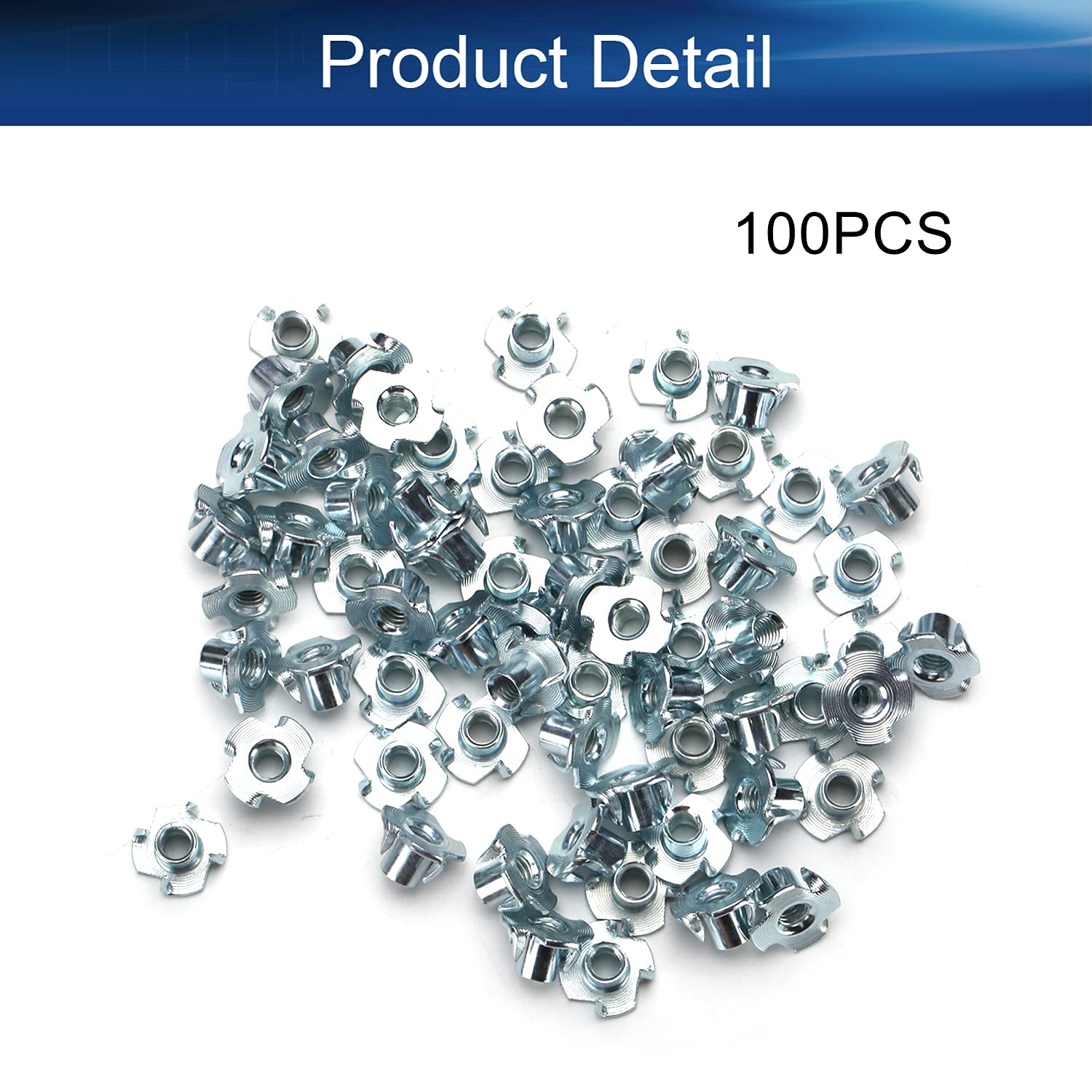 Yinpecly M6x10mm Carbon Steel T-Nuts Fully Threaded Insert Nut Zinc Plated 4 Pronged Tee Nuts, for Wood Rock Climbing Wall Holds Plywood Silver Tone 100Pcs