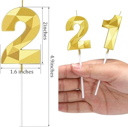 Miniatura 4 de Nuanchu Velas de cumpleaños número 21 y 12 con forma de diamante 3D, velas numéricas de feliz cumpleaños 21 para decoración de boda, fiesta Dorado