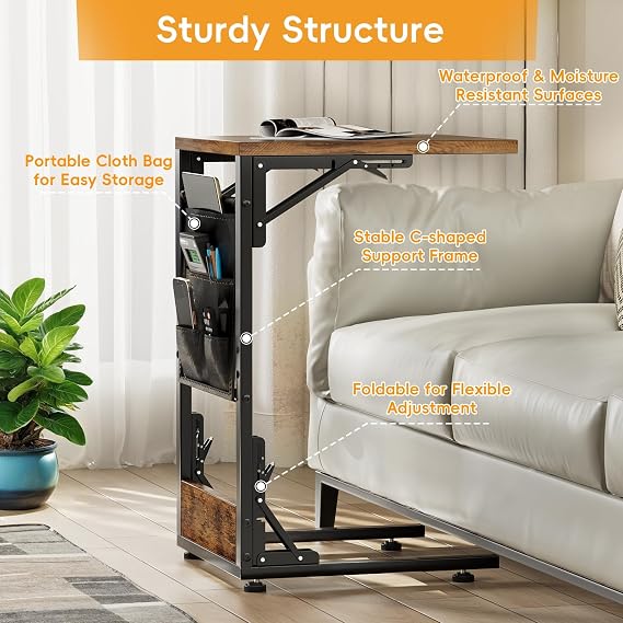 Mutool C-Shaped Sofa Table, Foldable Side Table Bedside Table with Storage Bag, Metal Frame Coffee Table for Living Room Bedroom Office (Rustic Brown)