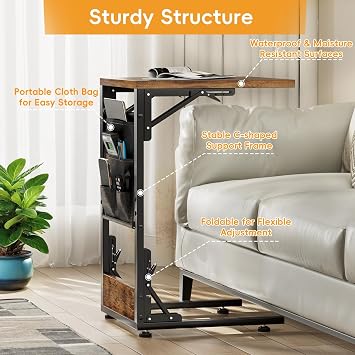 Mutool C-Shaped Sofa Table, Foldable Side Table Bedside Table with Storage Bag, Metal Frame Coffee Table for Living Room Bedroom Office (Rustic Brown)
