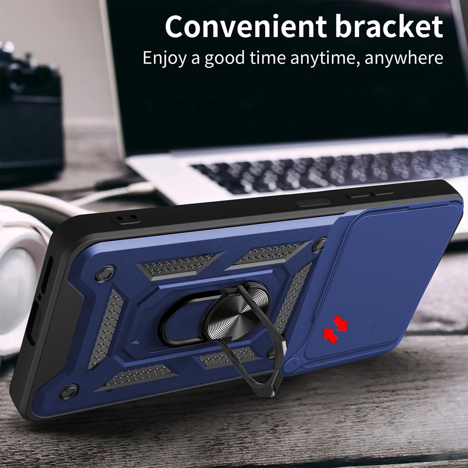 MEMELOKA Cover Per Oppo A5 Pro 5G/4G Con Supporto Metallico Girevole E Protezione Fotocamera Scorrevole, Inclusa Pellicola In Vetro Temperato (2 Pezzi), Nero