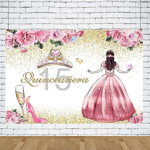 Miniatura 5 de Telón de fondo de quinceañera de 8 x 6 pies para niñas, fondo de fotografía rosa floral dorado con purpurina, corona de princesa, tacones altos,