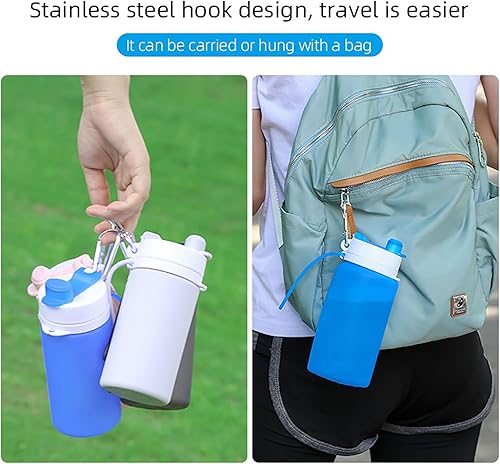 Miniatura 15 de Botellas de agua plegables de 19 onzas con boquilla y mosquetón, silicona sin olor sin BPA, botella plegable reutilizable a prueba de fugas, claro