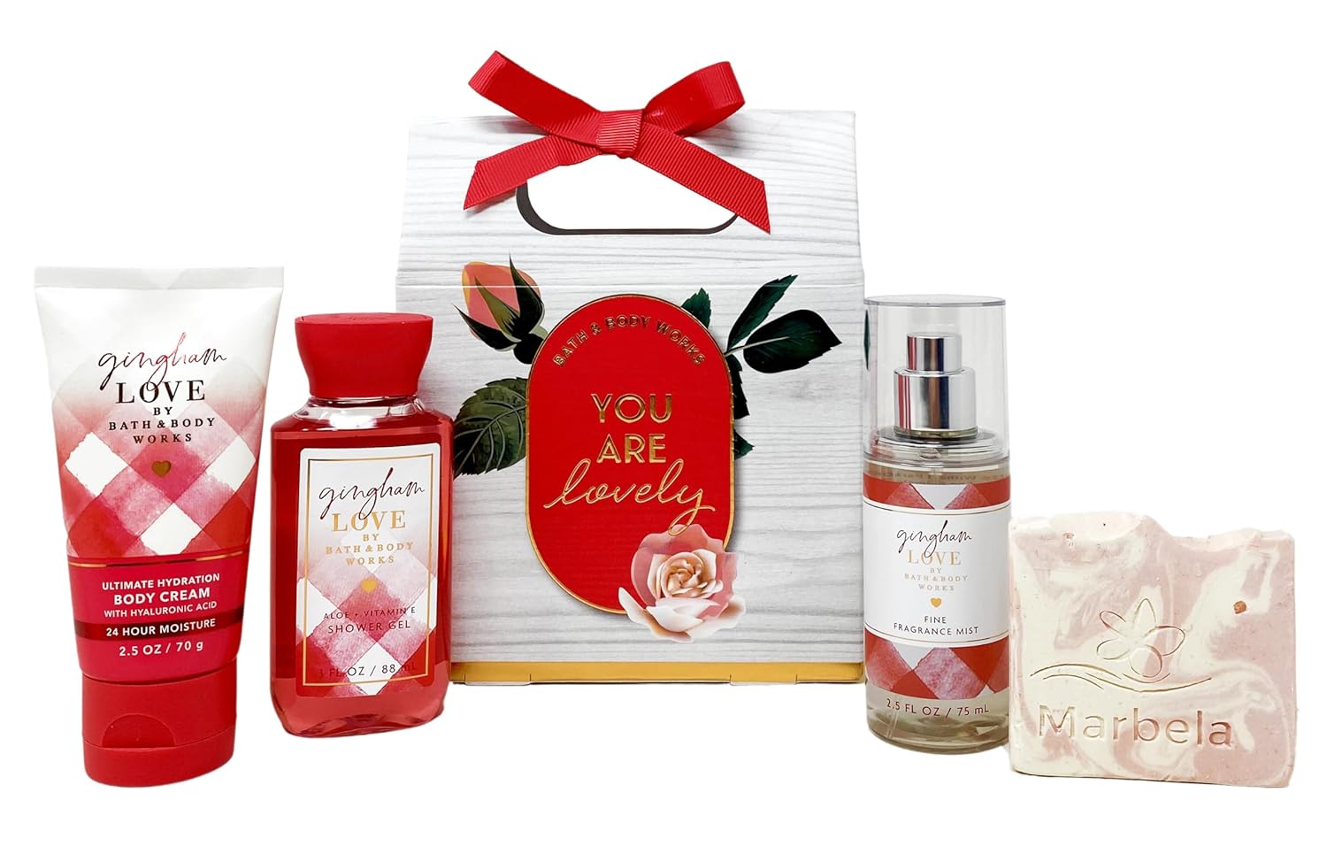 Bath & Body Works Gingham Love - Mini Gift Box Set Travel Size - Fine Fragrance Mist, Body Cream and Shower Gel with a Himalayan Salts Springs Sample Soap.