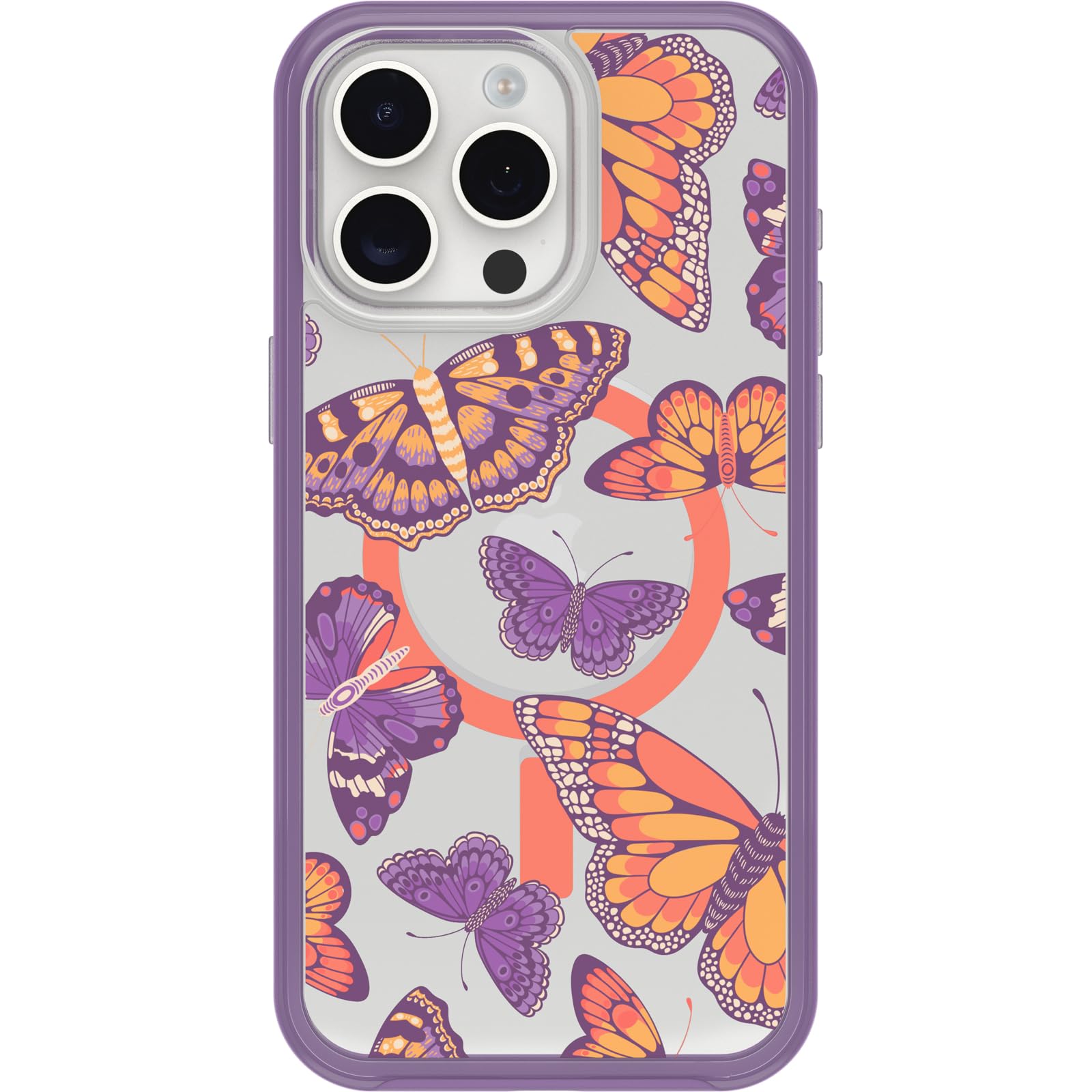 OtterBox Cover per Apple iPhone 15 Pro Max Symmetry Clear MagSafe, resistente a shock e cadute fino; sottile, testata 3x norme MIL-STD 810G, Butterfly Flutter