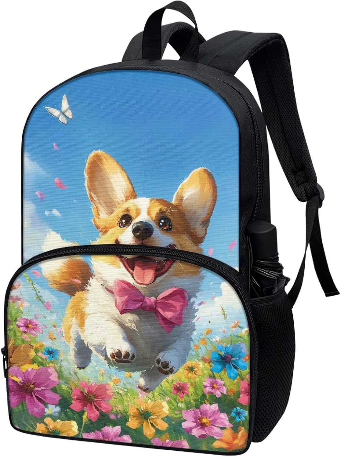 Corgi Dog Vibrant Flowers Pattern Kids Backpack for Boys Girls Elementary Students Bookbag Middle School Bag Lightweight Children Travel Bag Backpacks Laptop Bag