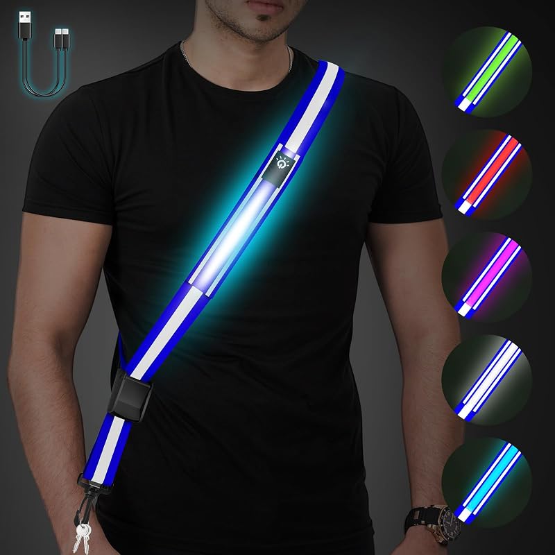 Fitense Cinturón reflectante LED – 5 colores de luces y 3 modos de luz Cinturón de seguridad nocturno de alta visibilidad, equipo para correr con luz recargable, correas ajustables para corredores, caminantes, hombres y mujeres