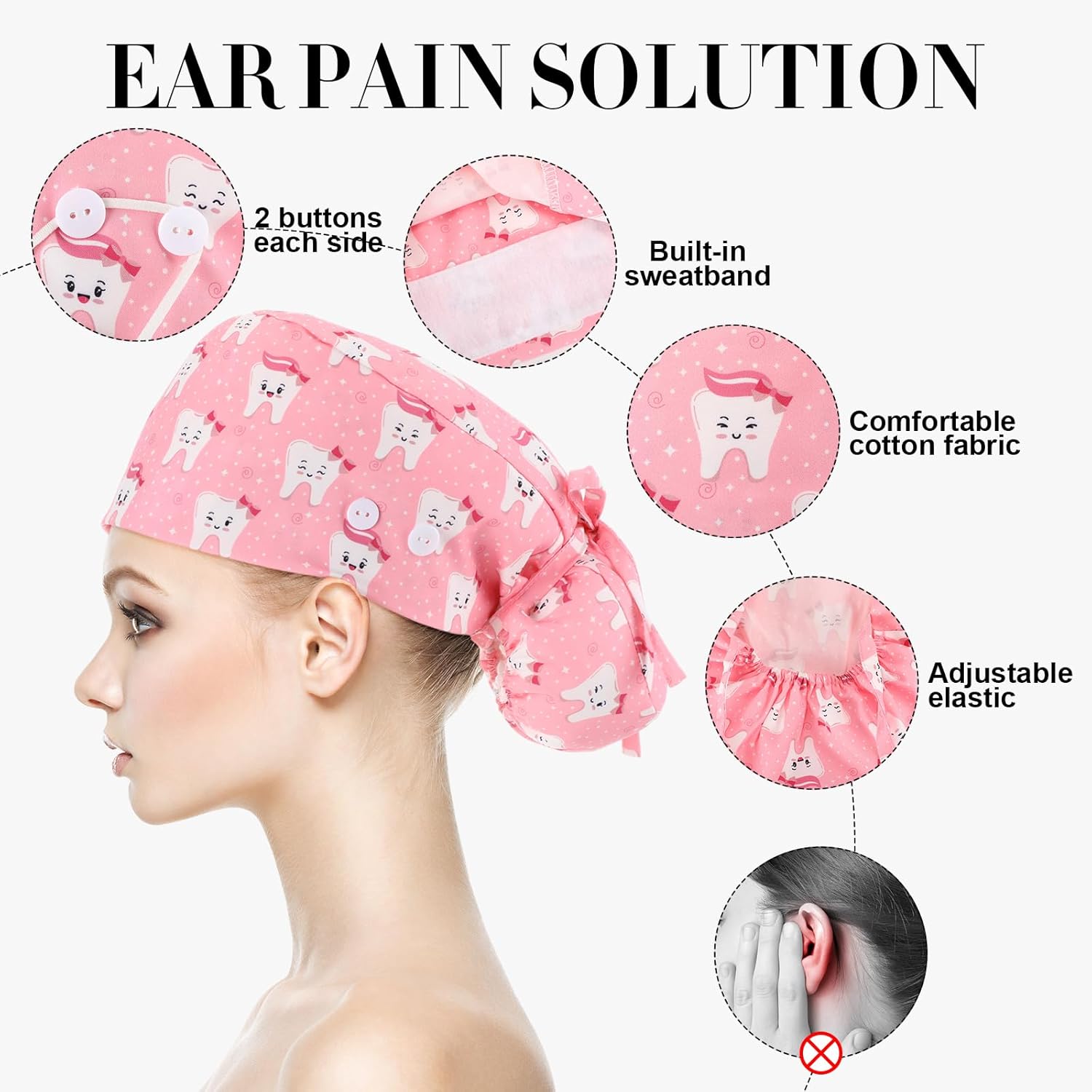 Unittype 4 Pcs Nurse Caps for Women Nursing Working Caps with Button and Sweatband Adjustable Elastic Scrub Hats for Dentist - Image 2