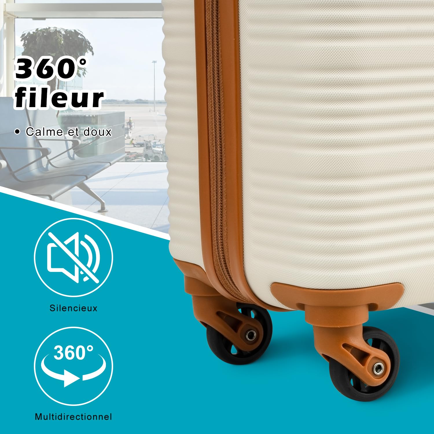 COOLIFE Valise Cabine 55x40x20 Easyjet Bagage Cabine Coque Rigide ABS Serrure TSA 4 Roues Pivotantes 360° Blanc Marron