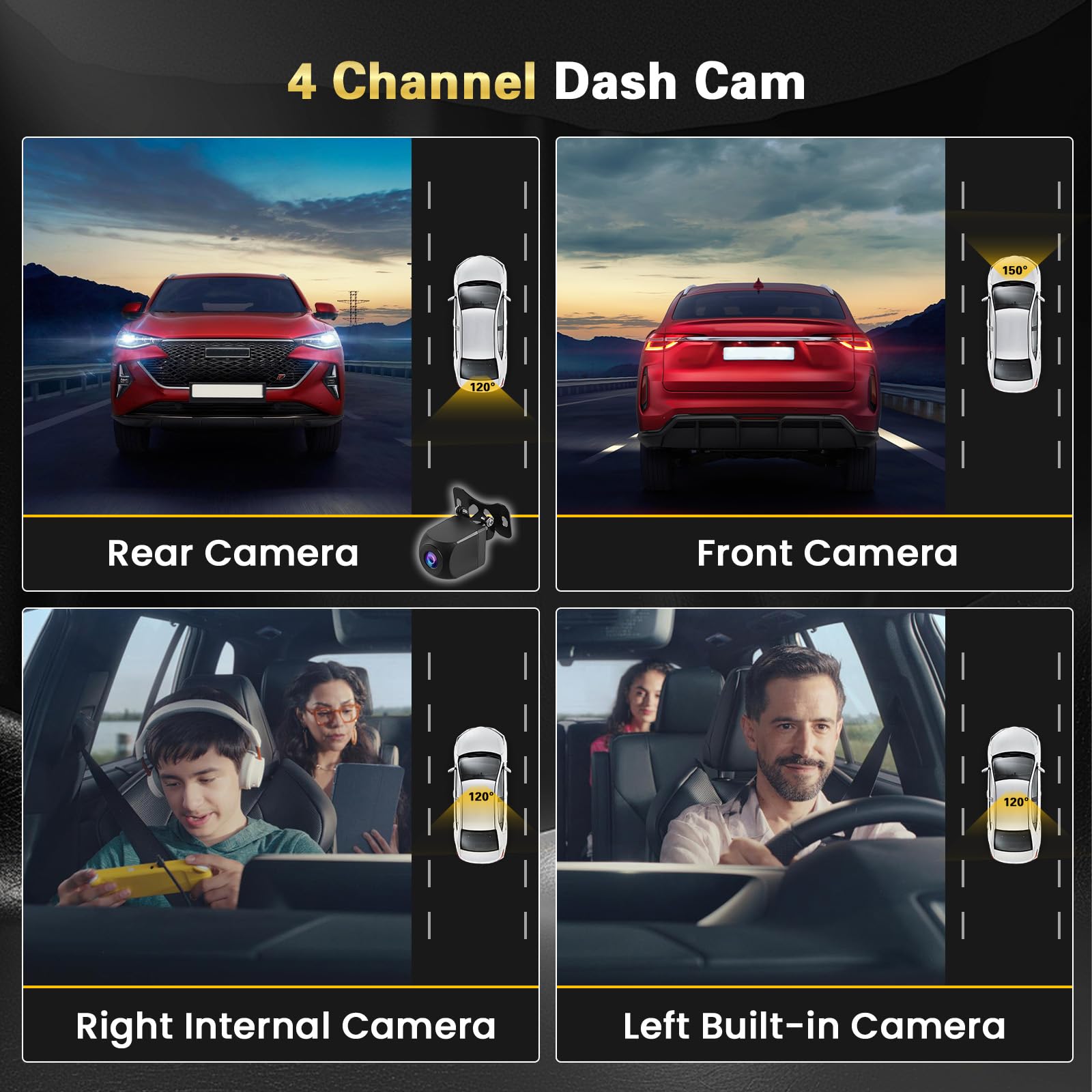 Inefala Full HD 1080P kamera samochodowa z czterema kamerą samochodową, 4 kanały 360°, ekran z 8 IR, noktowizorem i 64 GB pamięci, rejestrator podróży z czujnikiem G, monitorowaniem parkowania