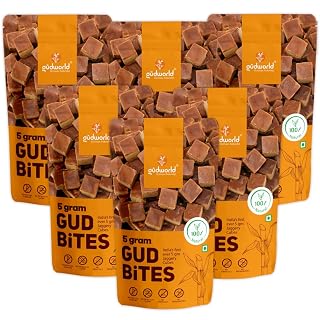 Gudworld Jaggery Cubes I 5 Gram Gud Bites I 1500 gm (Pack of 6 x 250 gm) I Bite Sized Sugarcane Small Jaggery Cubes I Healthy Sugar Alternative I 100% Natural I No Chemicals I No added Color I