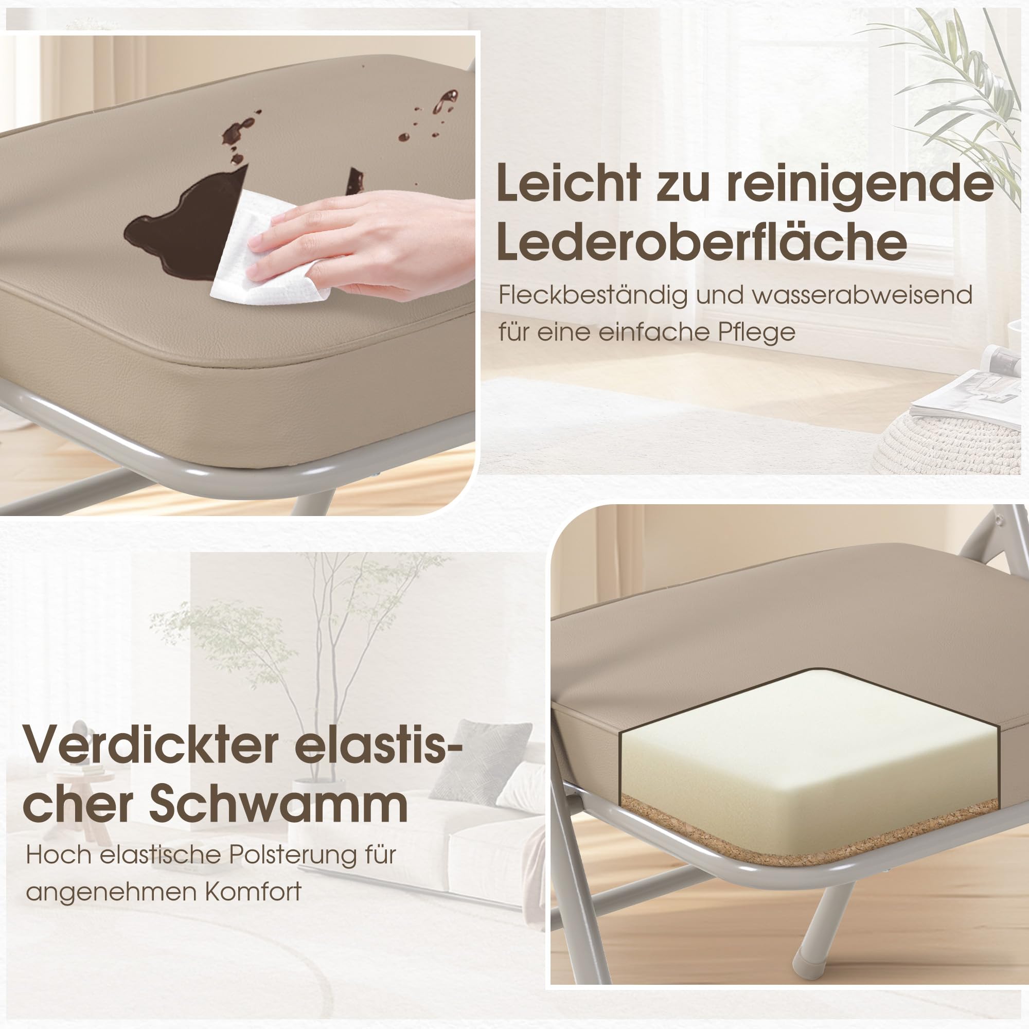 Klappstuhl mit Polster, Klappstühle 4er, Verstärkte Gepolstert, Tragbarer und Bereits montierter Klapp-Essstuhl für Gäste, Küche, Büro, Hochzeit und Party，Beige