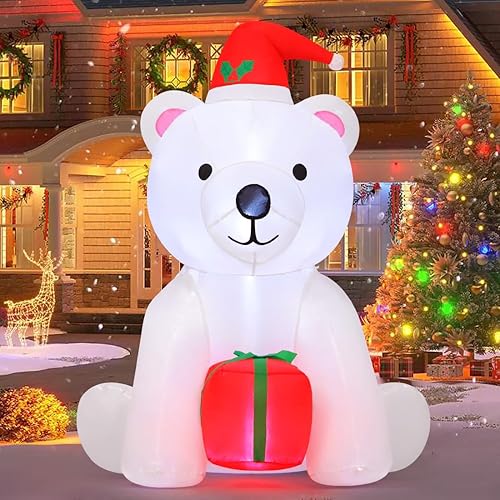 GOOSH Oso inflable de Navidad de 4 pies para decoración al aire libre, un oso blanco sosteniendo un regalo con LED integrados para decoración de