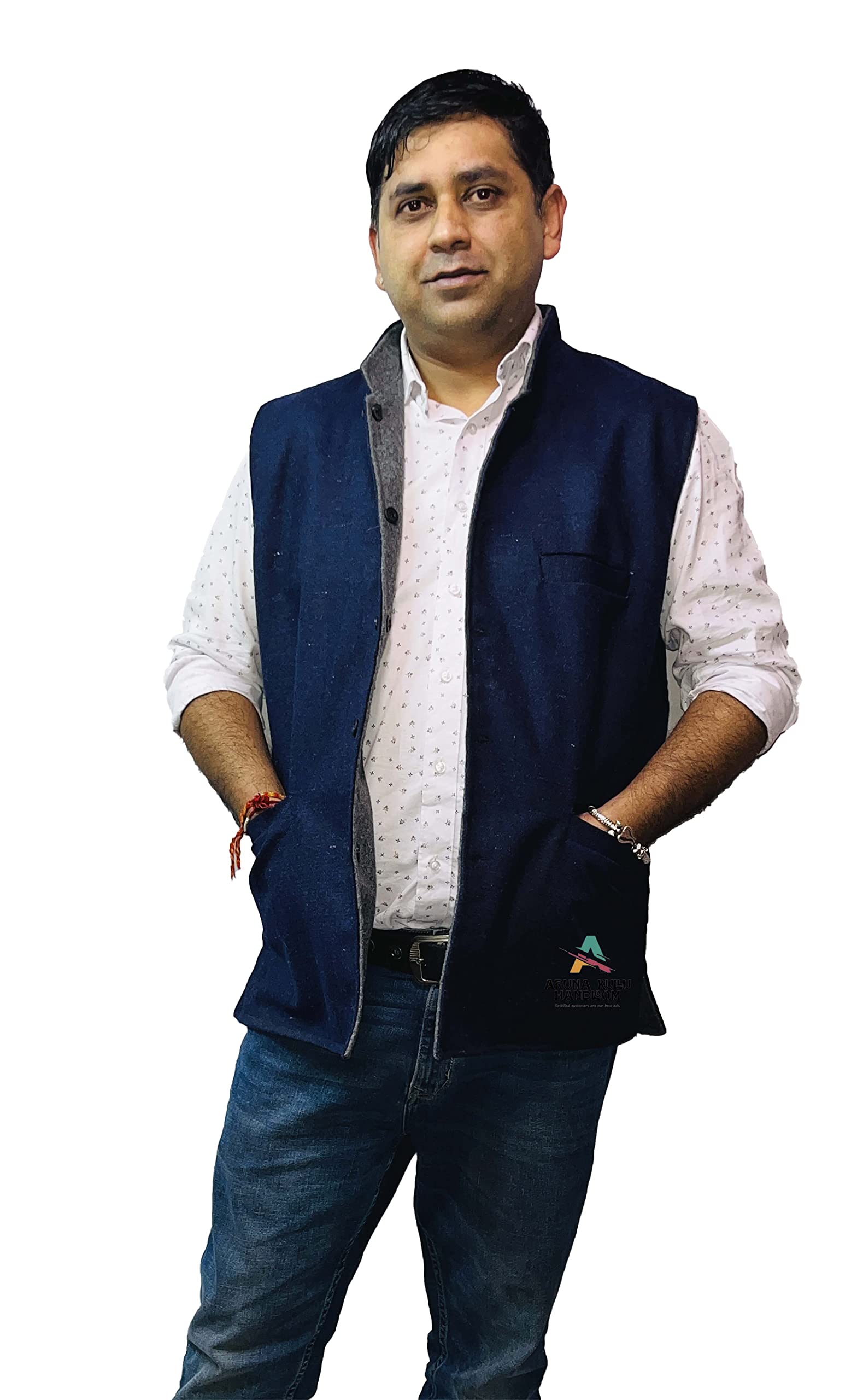 Men's Woolen KULLU Patti Tweed Bandhgala Nehru Jacket Waistcoat navy blue color (46)-image-18