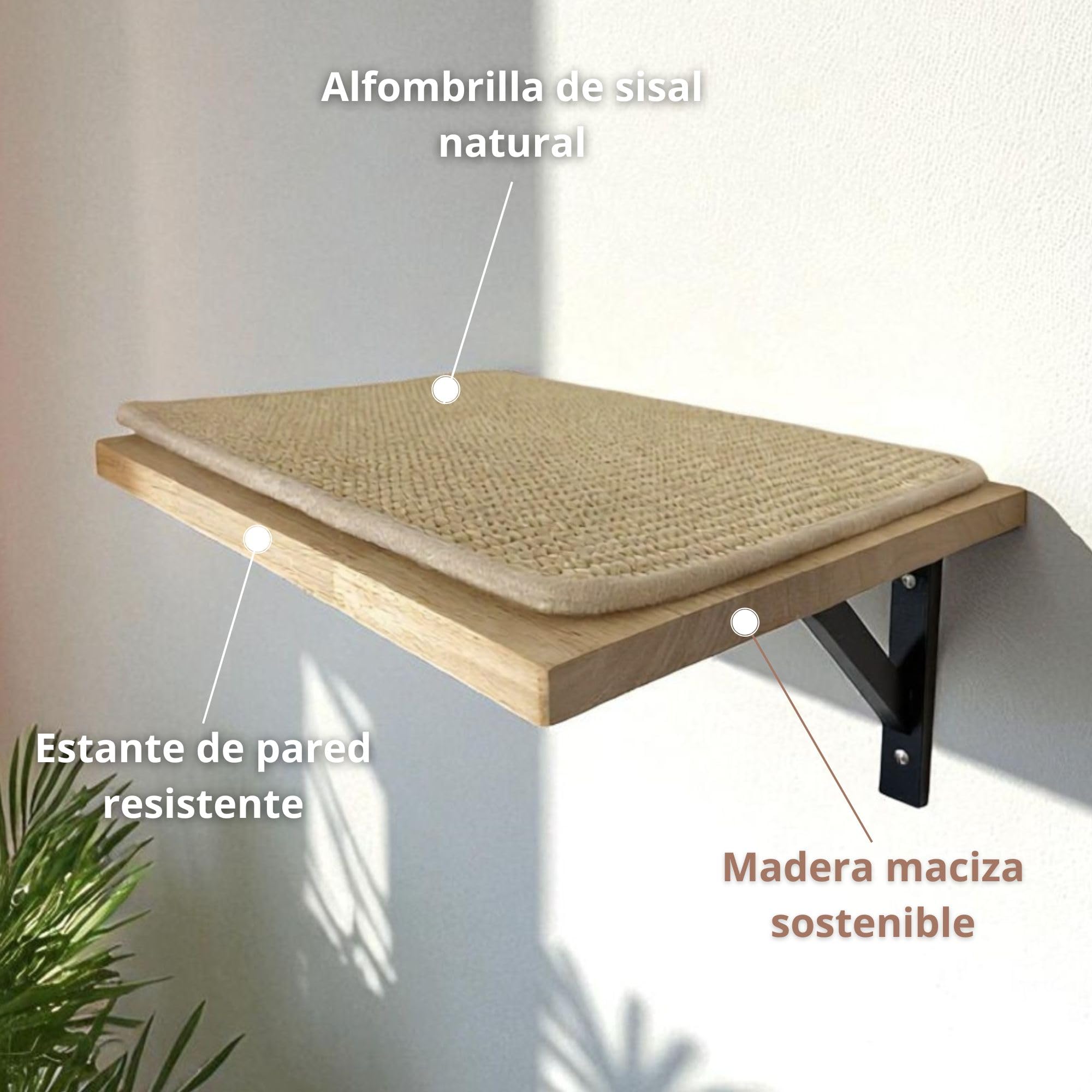Estantería para Gatos Interior Ancla Mural con Plataforma de Descanso y Rascador de Sisal Antideslizante | Madera de Caucho Sostenible para Pared