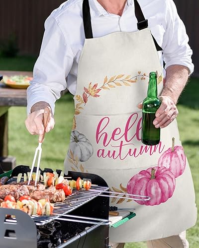Miniatura 5 de Thanksgiving Fall Bib Aprons with Pockets Waterproof, Adjustable Apron for Men Women Hello Autumn Pink Gray Pumpkin Maple Leaf
