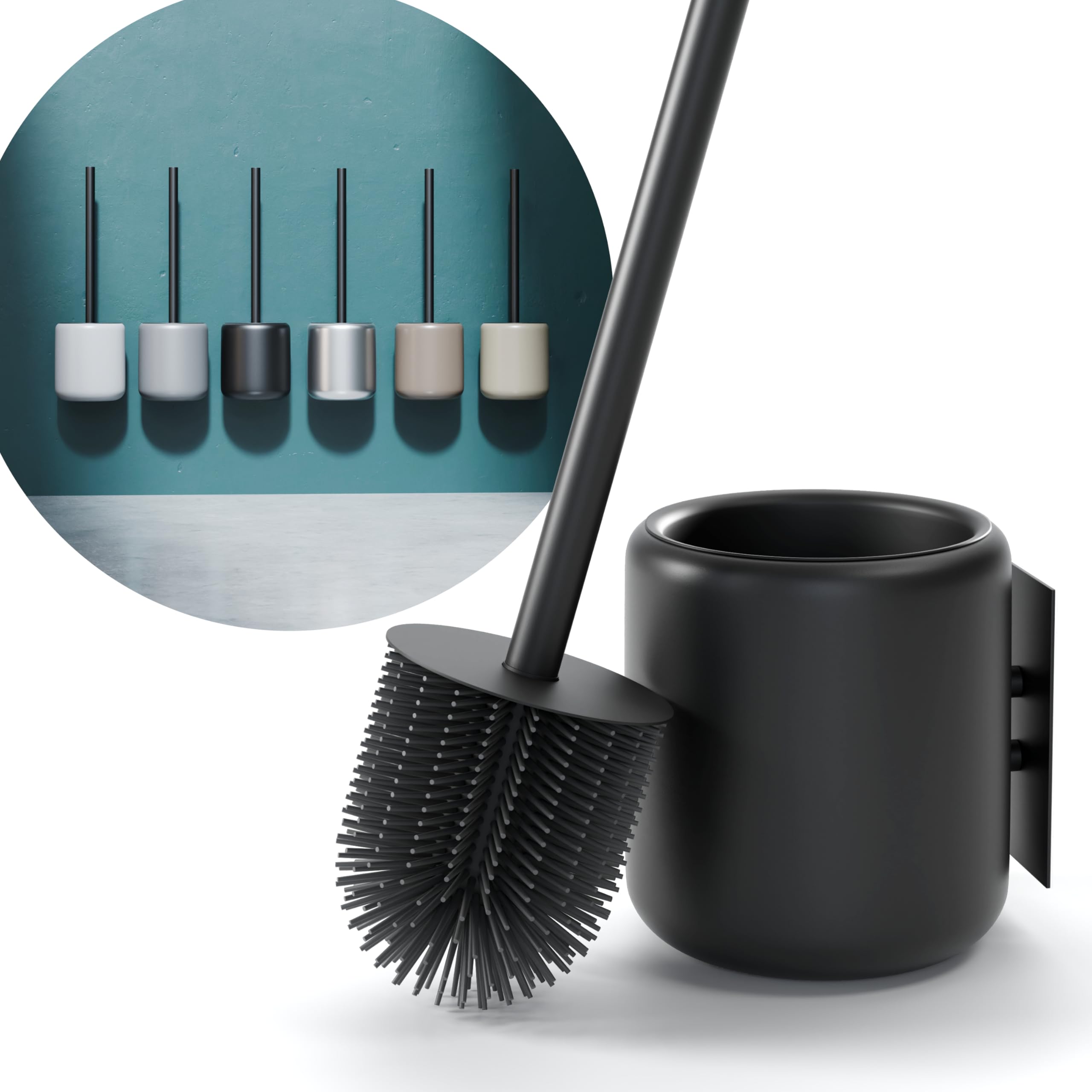 SAVEGA โ Black Silicone Wall-Mounted Toilet Brush โ Modern WC Brush with Steel Holder & Lid โ Hygienic Bathroom Toilet Brush
