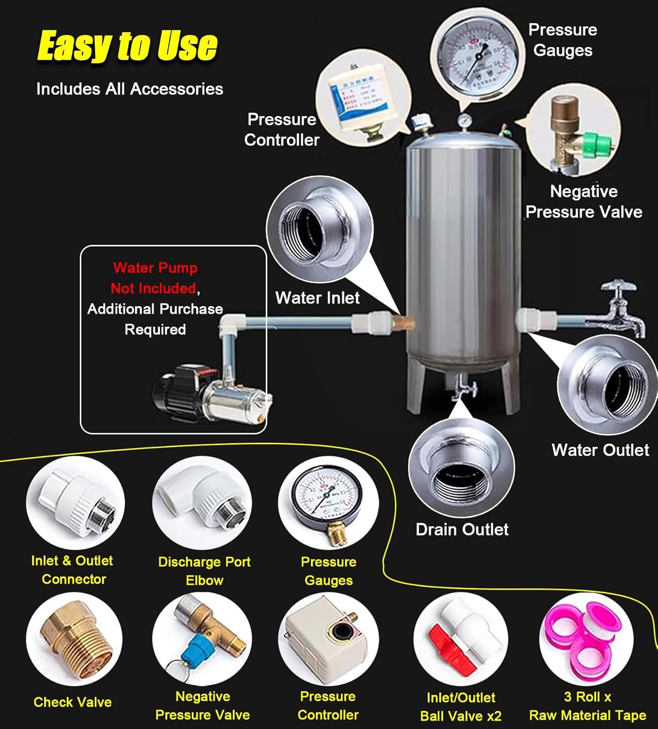 20 30 40 50 60 80 100 120 gallon Container Tank for Water Storage, Vertical Well Pressure Tank Heavy Duty Stainless Steel with Pressure Switch, for Camper Rv House Garden Farm Kitchen Garage(160 L (42