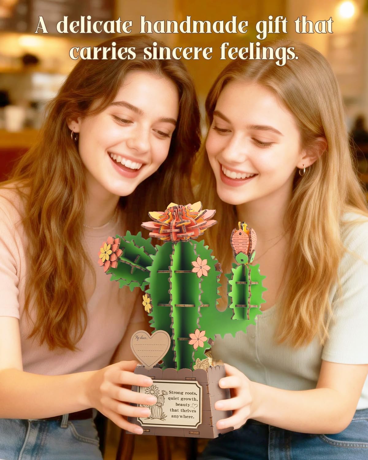 3D Puzzles for Adults, Cactus DIY Wooden Flowers Building Kit | Artificial Flowers Craft for Adults- 3D Floral Puzzle Home Decor Birthday Gifts for Women Mothers Day Thanksgiving Christmas