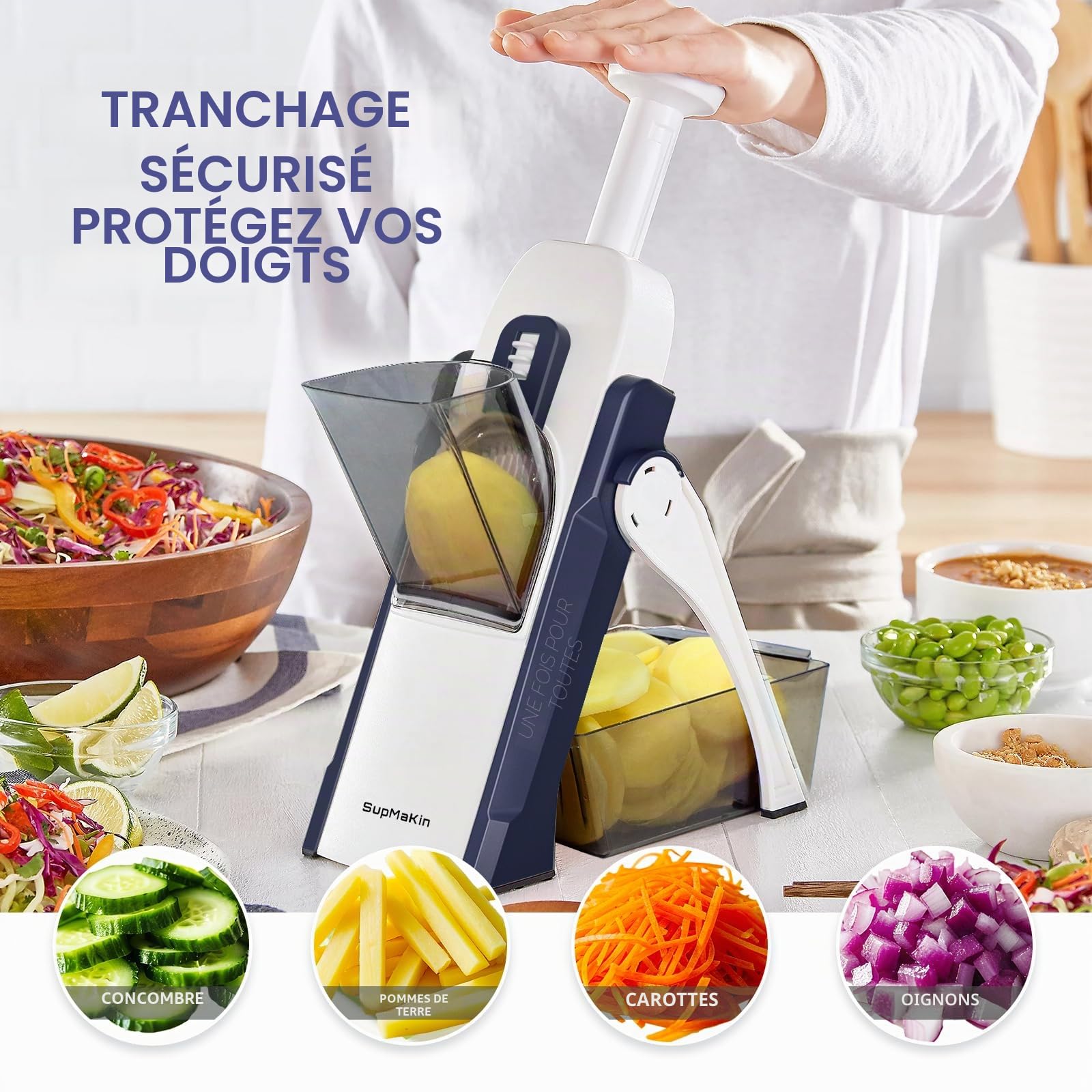 SupMaKin Mandoline de Cuisine Safety Slicer Manuelle Multifonction Tous Coupe Légumes Lame en acier inoxydable, Julienne, Cubes, Fcoupe Patate Frite carotte, Euroshopping - bleu