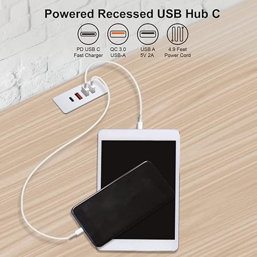Miniatura 4 de Enchufe USB C con enchufe empotrado USB C Power Strip Outlet con carga rápida 4 puertos USB 20W montado en la cama escritorio mesa sofá (blanco)