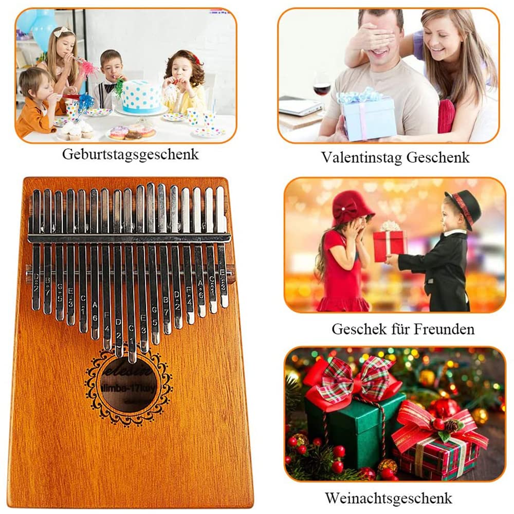 Kalimba 17 Schlüssel, Kalimba Instrument mit Lernpaket, Professionelle Daumenklavier Kalimb für Kinder und Erwachsene (Braun)