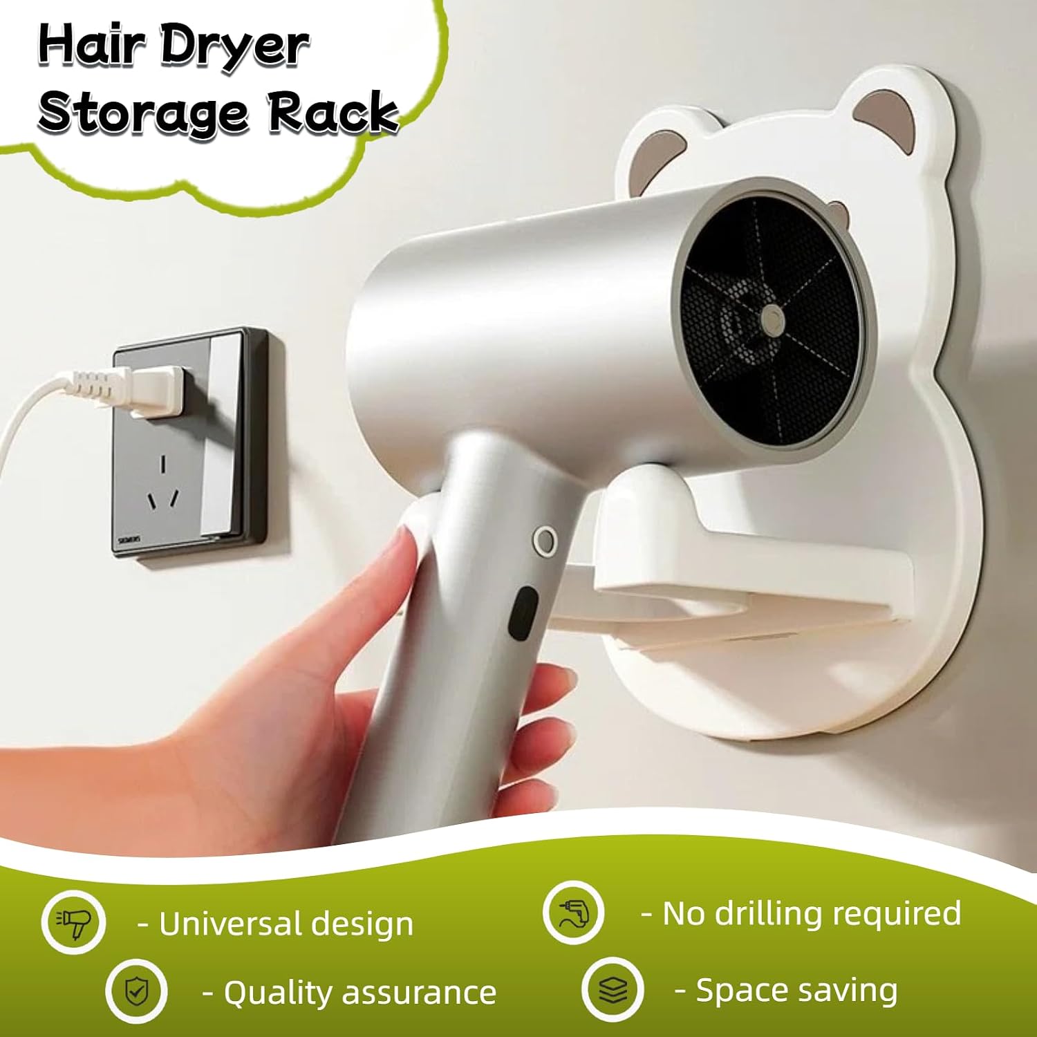 Cute Hair Dryer Holder Wall Mount,Blow Dryer Holder with Nail-Free Adhesive,Hair Dryer Hangers for Bathroom Cabinet,No drilling required, Stable and Easy Wall Installation (Cream yellow)