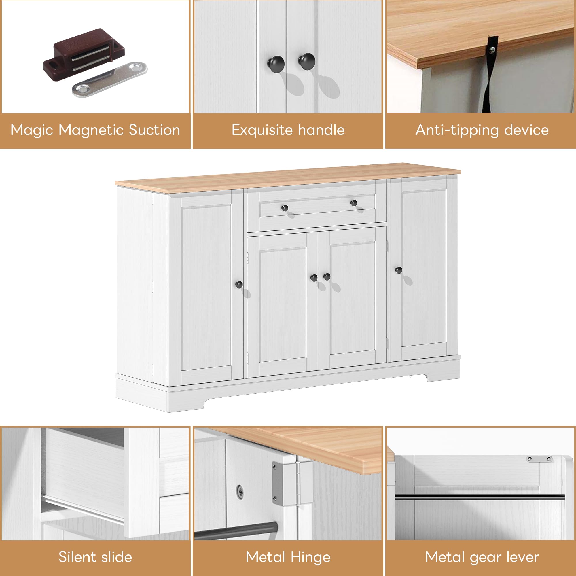Credenza Cucina, Mobile da Cucina con 4 Ante e 1 Cassetti, Credenza da Sala da Pranzo con Ripiani Regolabili, Mobile Multiuso, Buffet Moderno per Soggiorno con Portaspezie, 138x40x85cm (Legno)