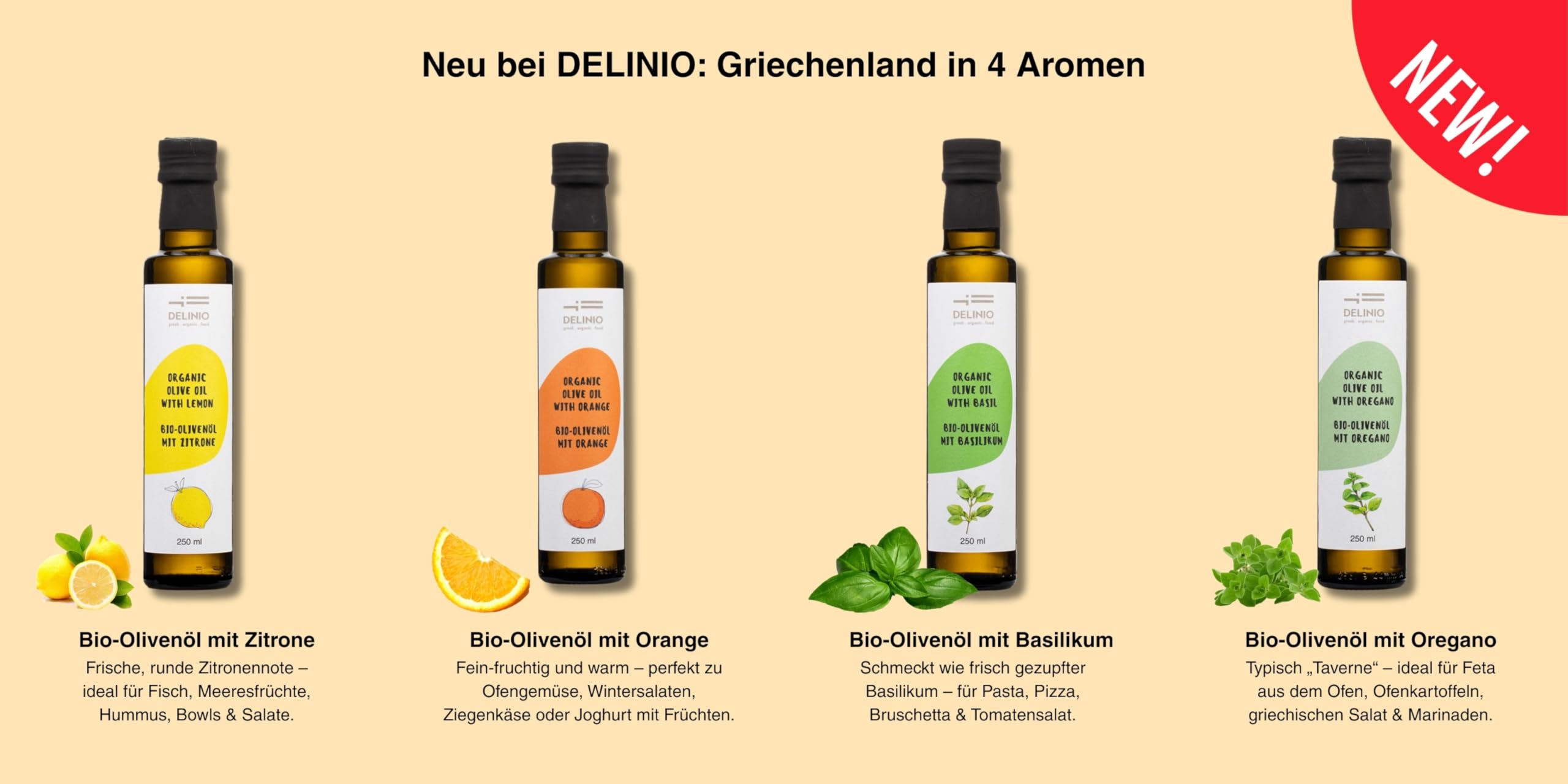 DELINIO Bio-Olivenöl Set 4 Sorten – Aromatisiertes Olivenöl Nativ Extra (Zitrone, Orange, Basilikum, Oregano) – 4x250 ml aus Griechenland, kalt extrahiert – zum Verfeinern & als Geschenk