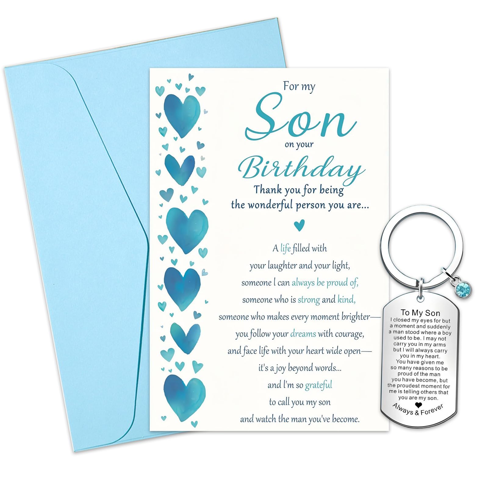 Blue Son Birthday Card with Keychain, Smooth Writing Son Birthday Card Adult with Keyring, Blank Inside with Envelope