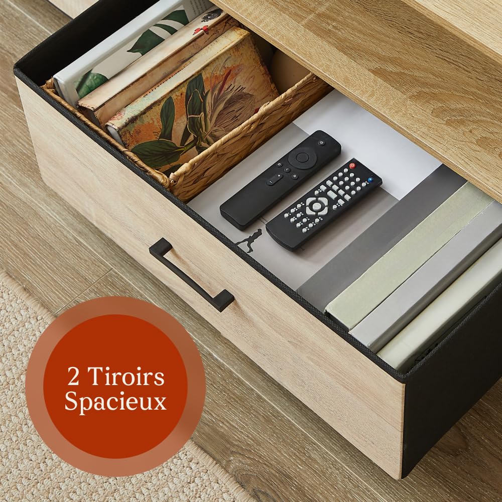 CASABEL Meuble TV 120 cm en métal Noir et Bois, Meuble de Salon avec 2 tiroirs en Tissu Rigide et étagères Ouvertes, Meuble Télé Solide, Design Pratique et résistant