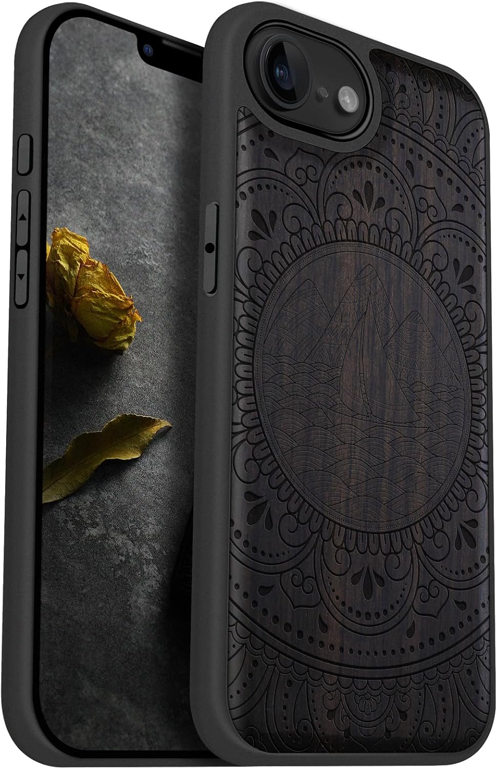 Carveit Magnetic Wooden Case for iPhone 16e / 17e, Solid Wood & TPU, Artisan Engraved Design, Shockproof Cover, Compatible with MagSafe Wireless Chargers, Serenity Mandala - Blackwood